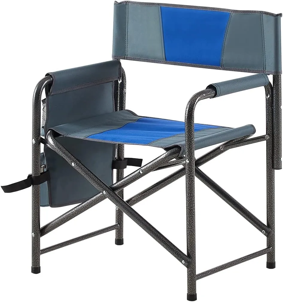 1-Piece Padded Folding Outdoor Chair with Storage Pockets,Lightweight Oversized Directors Chair for Indoor, Outdoor Camping, Picnics and Fishing,Blue/Grey