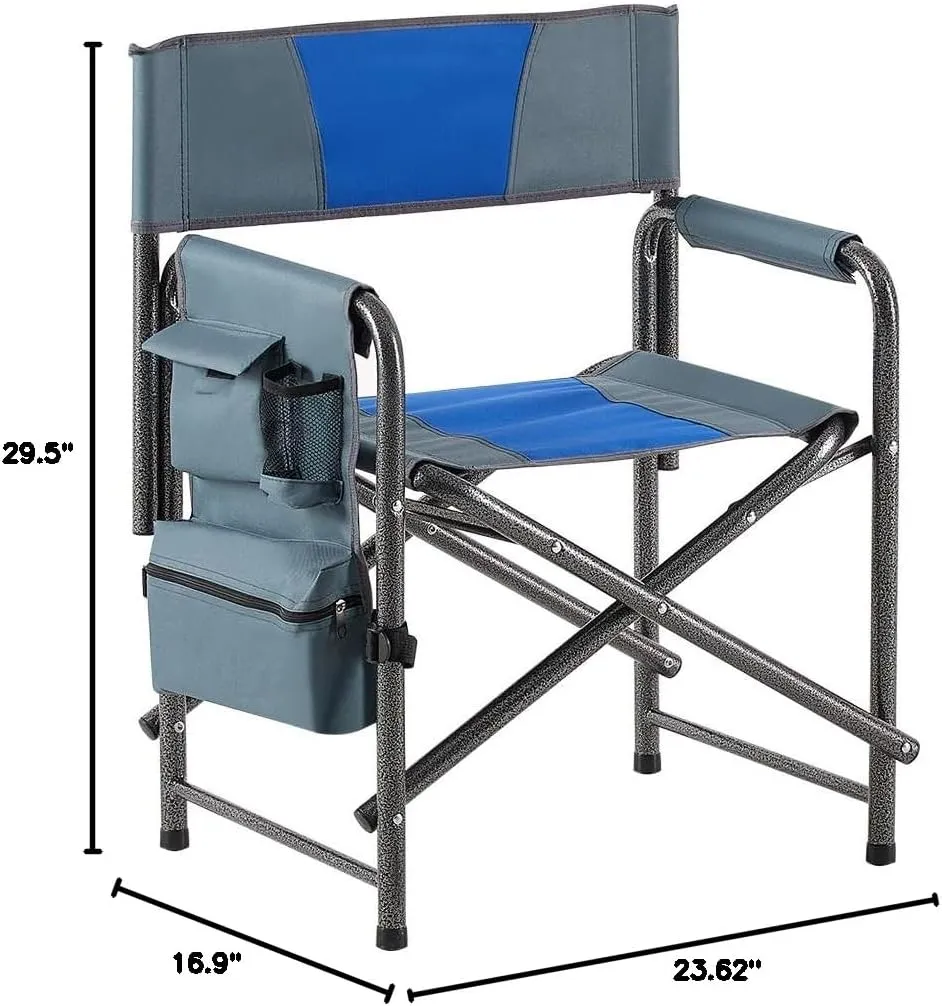 1-Piece Padded Folding Outdoor Chair with Storage Pockets,Lightweight Oversized Directors Chair for Indoor, Outdoor Camping, Picnics and Fishing,Blue/Grey