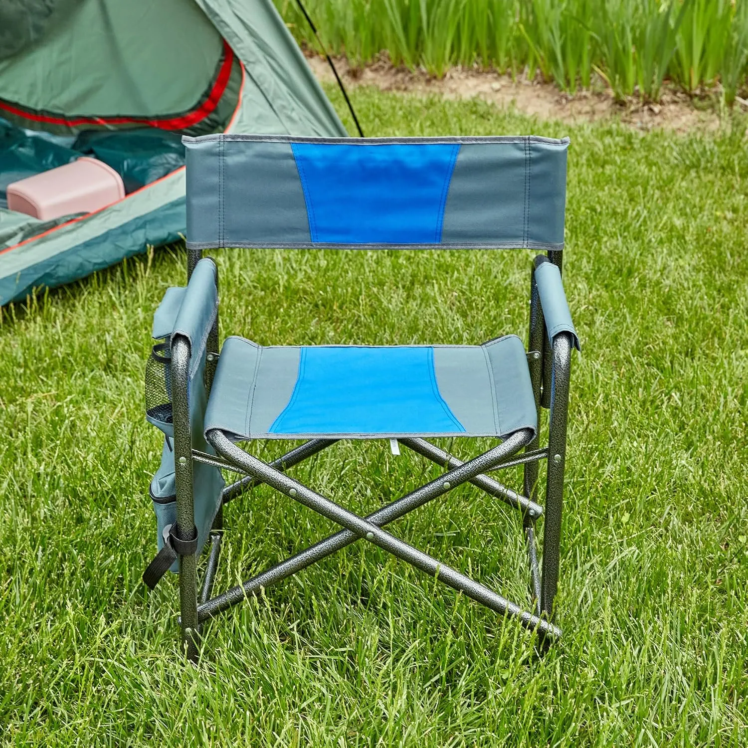 1-Piece Padded Folding Outdoor Chair with Storage Pockets,Lightweight Oversized Directors Chair for Indoor, Outdoor Camping, Picnics and Fishing,Blue/Grey