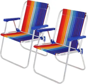 1 Position Aluminum Folding Mid Height Chair with Armrests - Lightweight Beach Chair - Small and Portable (2, Blue-Red Stripes)