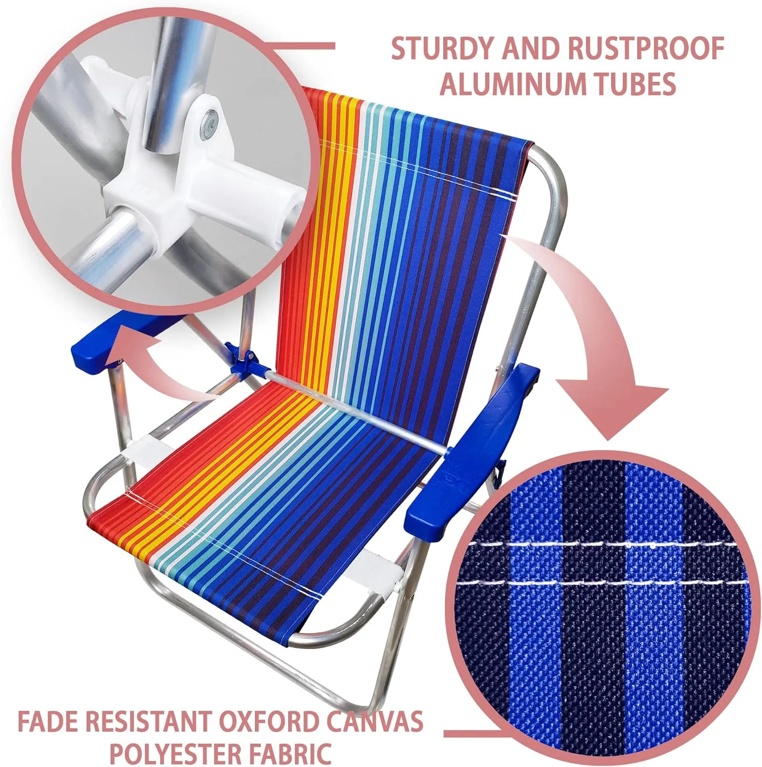 1 Position Aluminum Folding Mid Height Chair with Armrests - Lightweight Beach Chair - Small and Portable (2, Blue-Red Stripes)