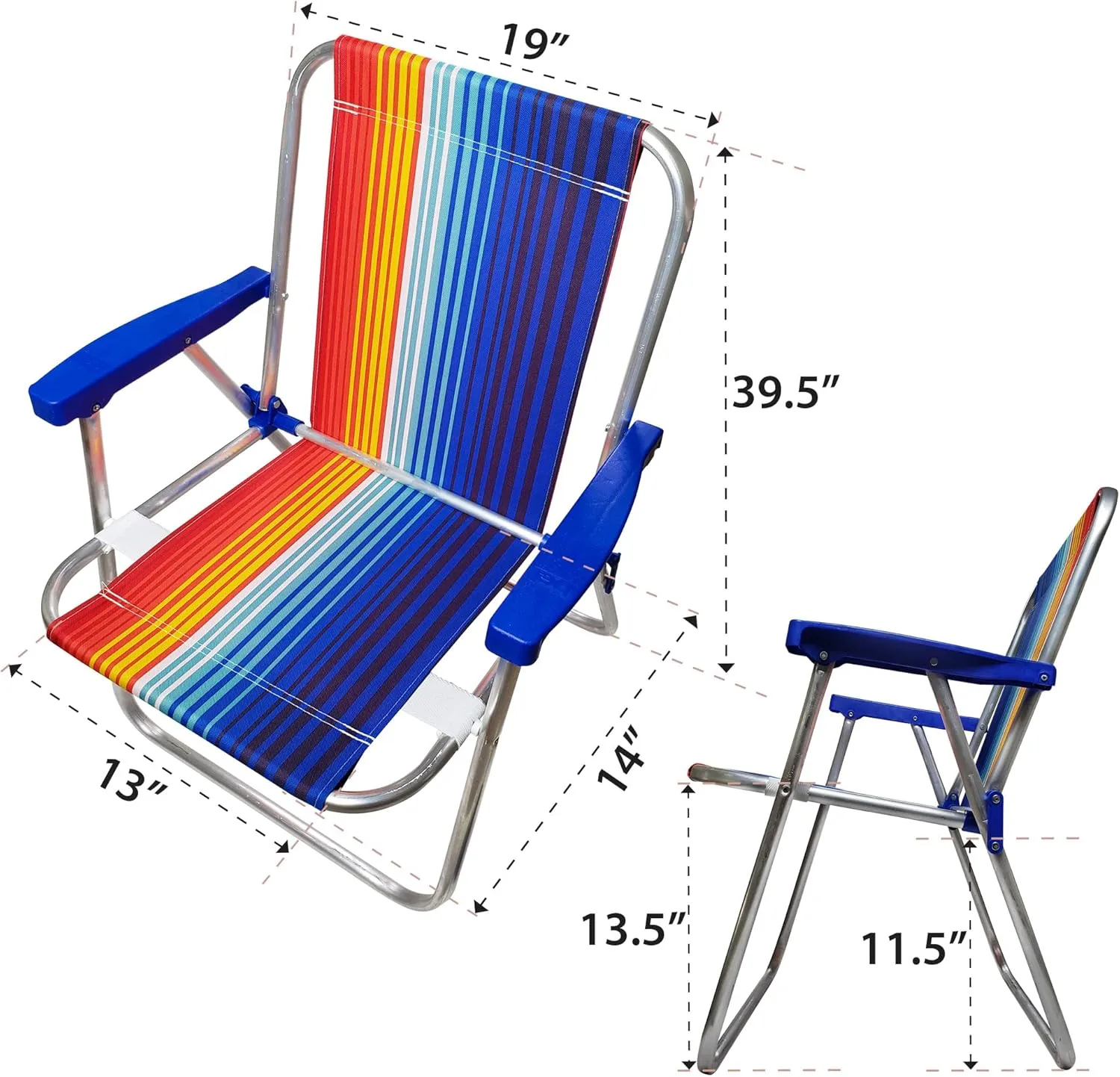 1 Position Aluminum Folding Mid Height Chair with Armrests - Lightweight Beach Chair - Small and Portable (2, Blue-Red Stripes)