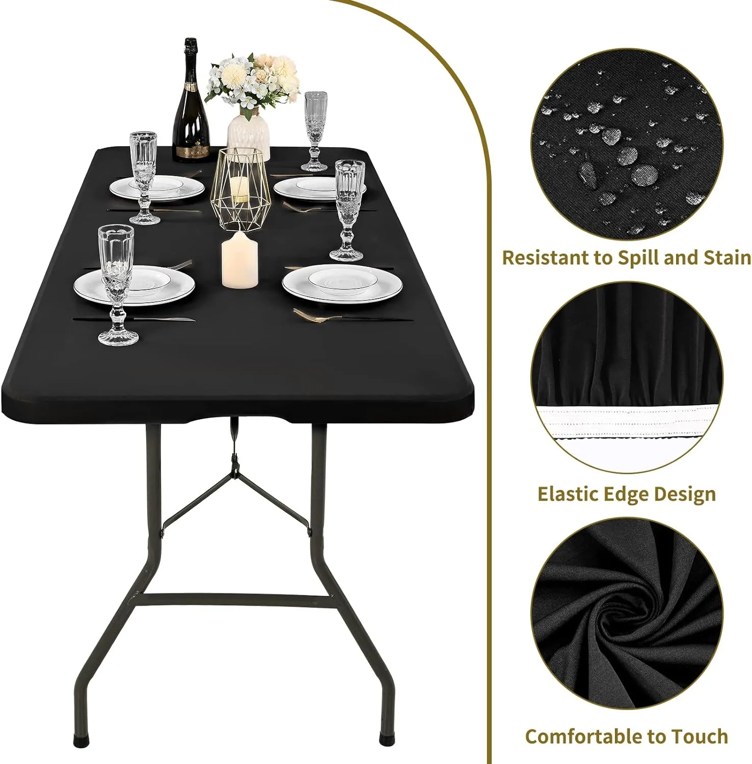 10 Pack Stretch Fabric Table Top Cap Cover, fits 8' Tables, Spandex Table Covers Washable Elastic Universal Rectangle Tablecloth Protector for Indoor Outdoor Party Picnic Wedding, Black, 30" W x 96" L