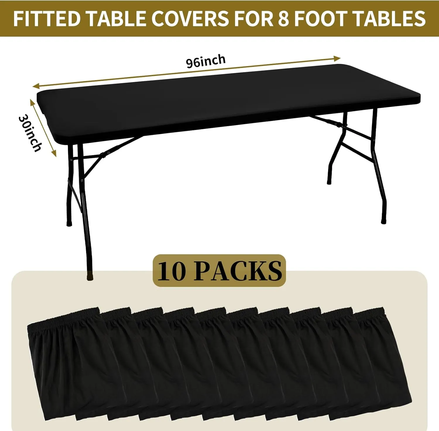 10 Pack Stretch Fabric Table Top Cap Cover, fits 8' Tables, Spandex Table Covers Washable Elastic Universal Rectangle Tablecloth Protector for Indoor Outdoor Party Picnic Wedding, Black, 30" W x 96" L