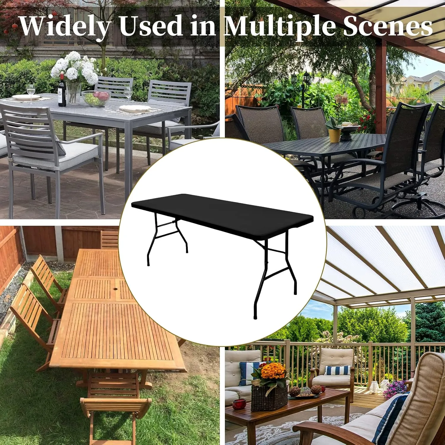 10 Pack Stretch Fabric Table Top Cap Cover, fits 8' Tables, Spandex Table Covers Washable Elastic Universal Rectangle Tablecloth Protector for Indoor Outdoor Party Picnic Wedding, Black, 30" W x 96" L