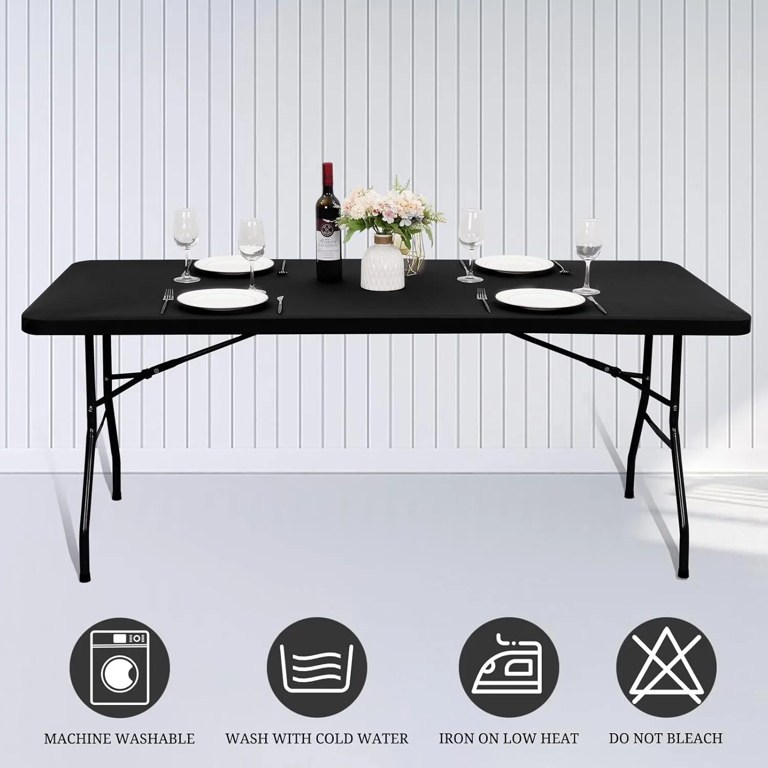 10 Pack Stretch Fabric Table Top Cap Cover, fits 8' Tables, Spandex Table Covers Washable Elastic Universal Rectangle Tablecloth Protector for Indoor Outdoor Party Picnic Wedding, Black, 30" W x 96" L