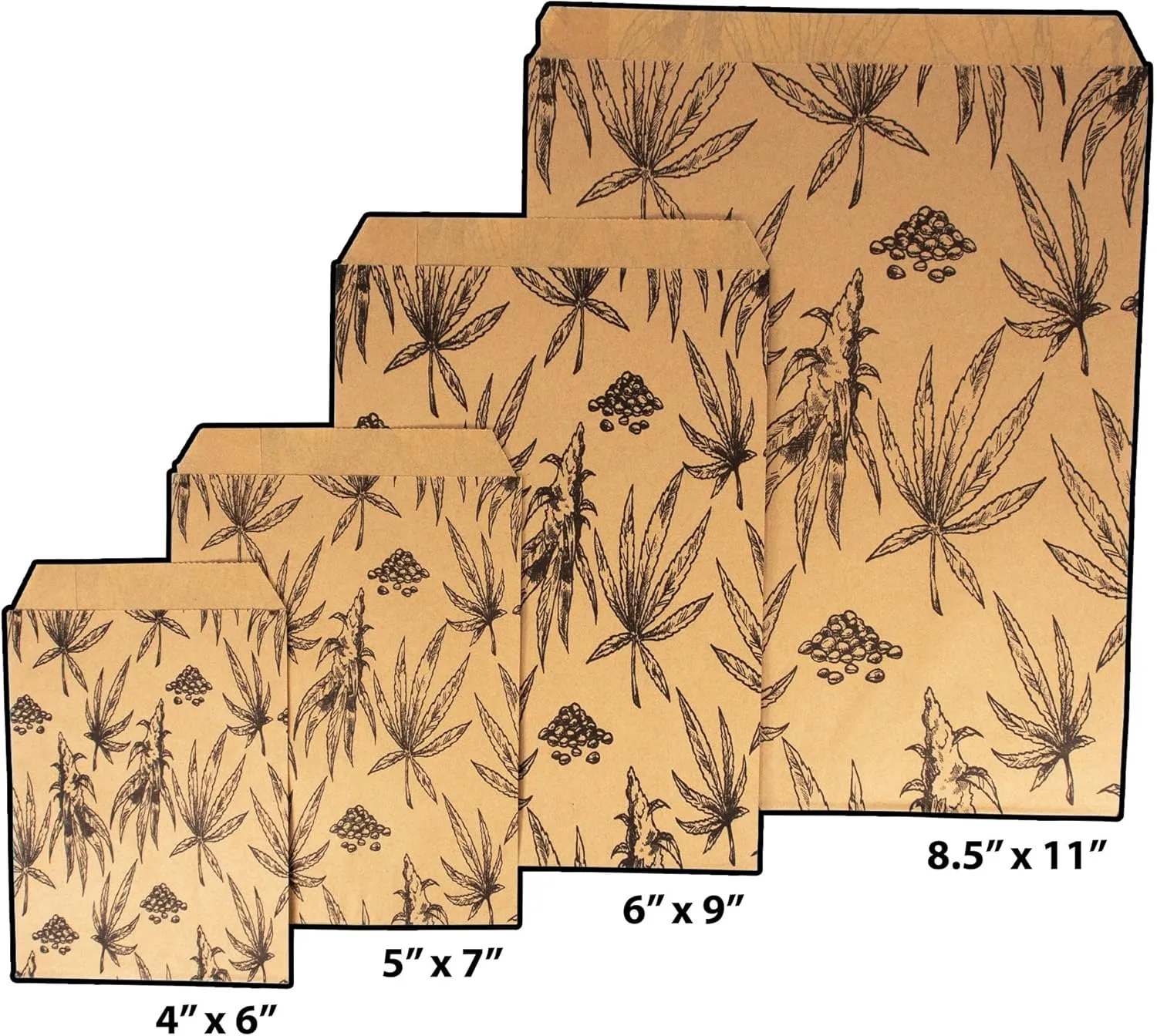 100 bags of our Kraft, 6" x 9" Exotic Plant Print Flat Paper Bags, for Treats, Storefronts, Promotional Giveaways, Cookies, Brownies, Herbs, and More.