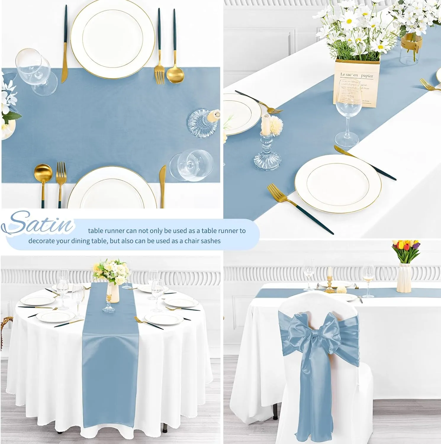 12 Pack Dusty Blue Satin Table Runner 12 Inch × 72 Inch Bright Silk Table Runner for Wedding,Party,Banquet,Events,Graduations Decoration fit Rectangular and Round Table