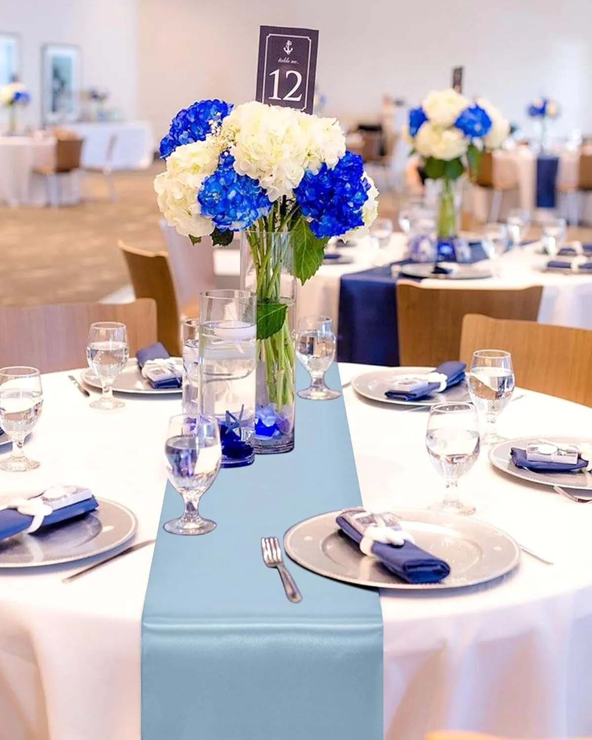 12 Pack Dusty Blue Satin Table Runner 12 Inch × 72 Inch Bright Silk Table Runner for Wedding,Party,Banquet,Events,Graduations Decoration fit Rectangular and Round Table