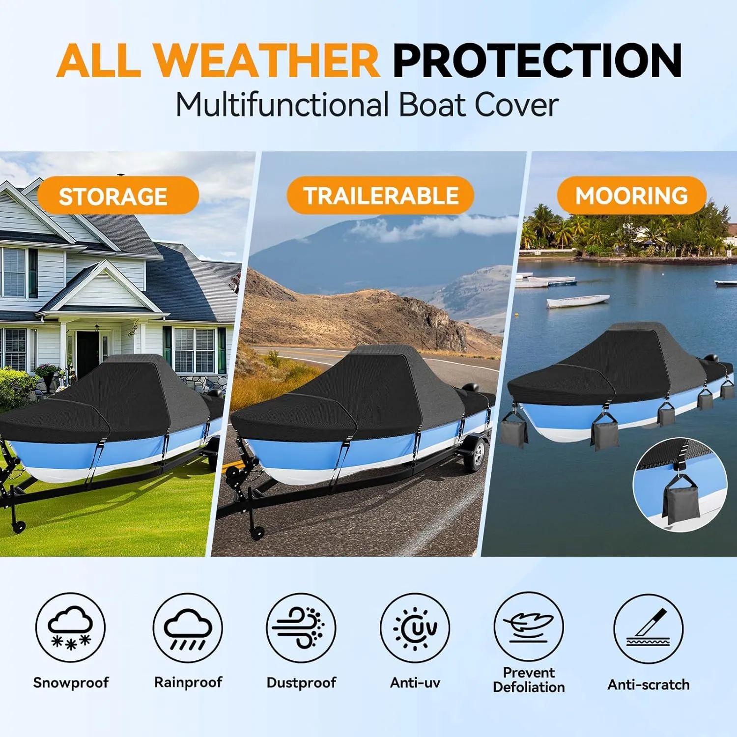 1600D 1200D Tearproof Center Console Boat Cover with 2" Wide Loops for Trailering and Mooring - Ultra Durable Waterproof Fits 20-22ft Center Console Boat, with Storage Bag