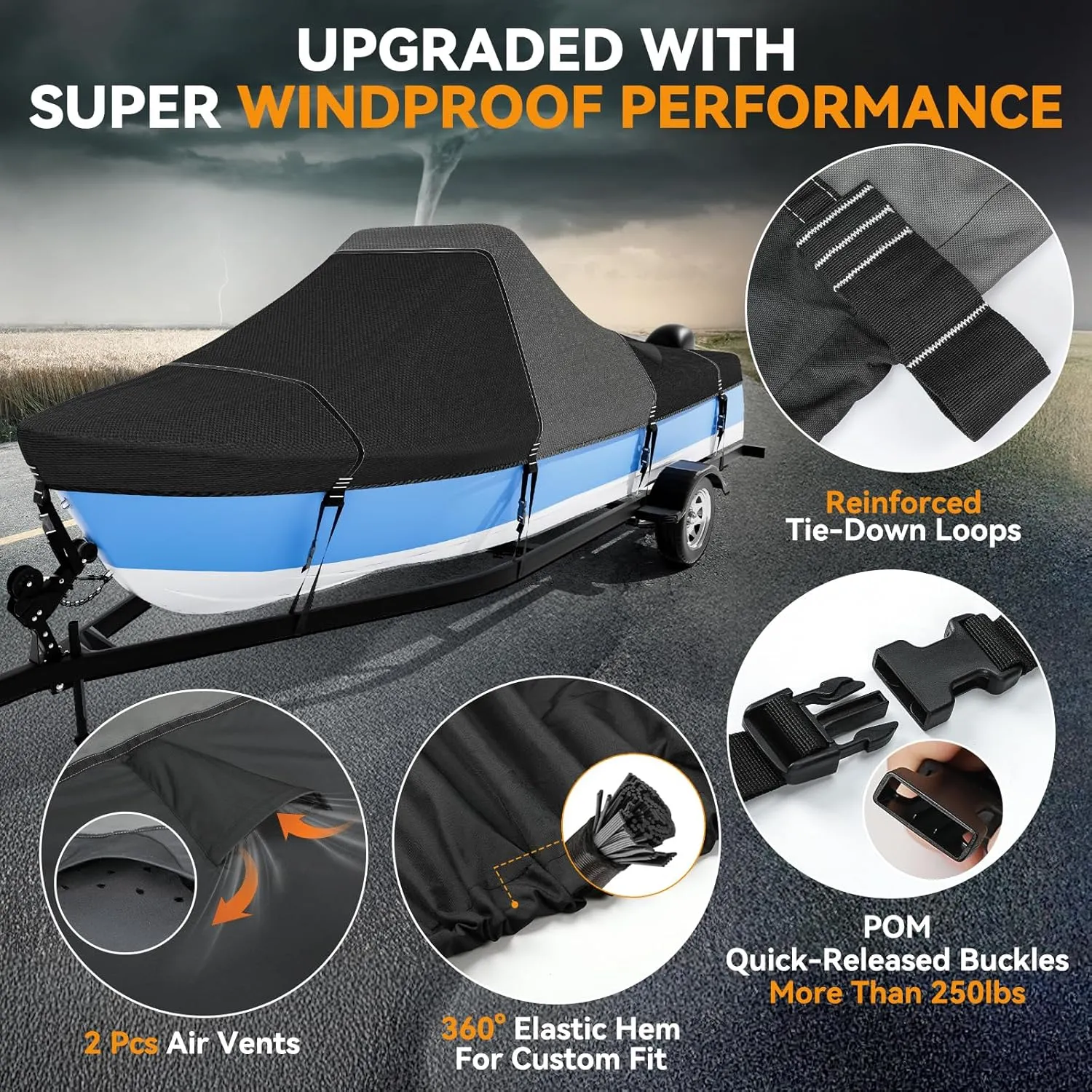 1600D 1200D Tearproof Center Console Boat Cover with 2" Wide Loops for Trailering and Mooring - Ultra Durable Waterproof Fits 20-22ft Center Console Boat, with Storage Bag