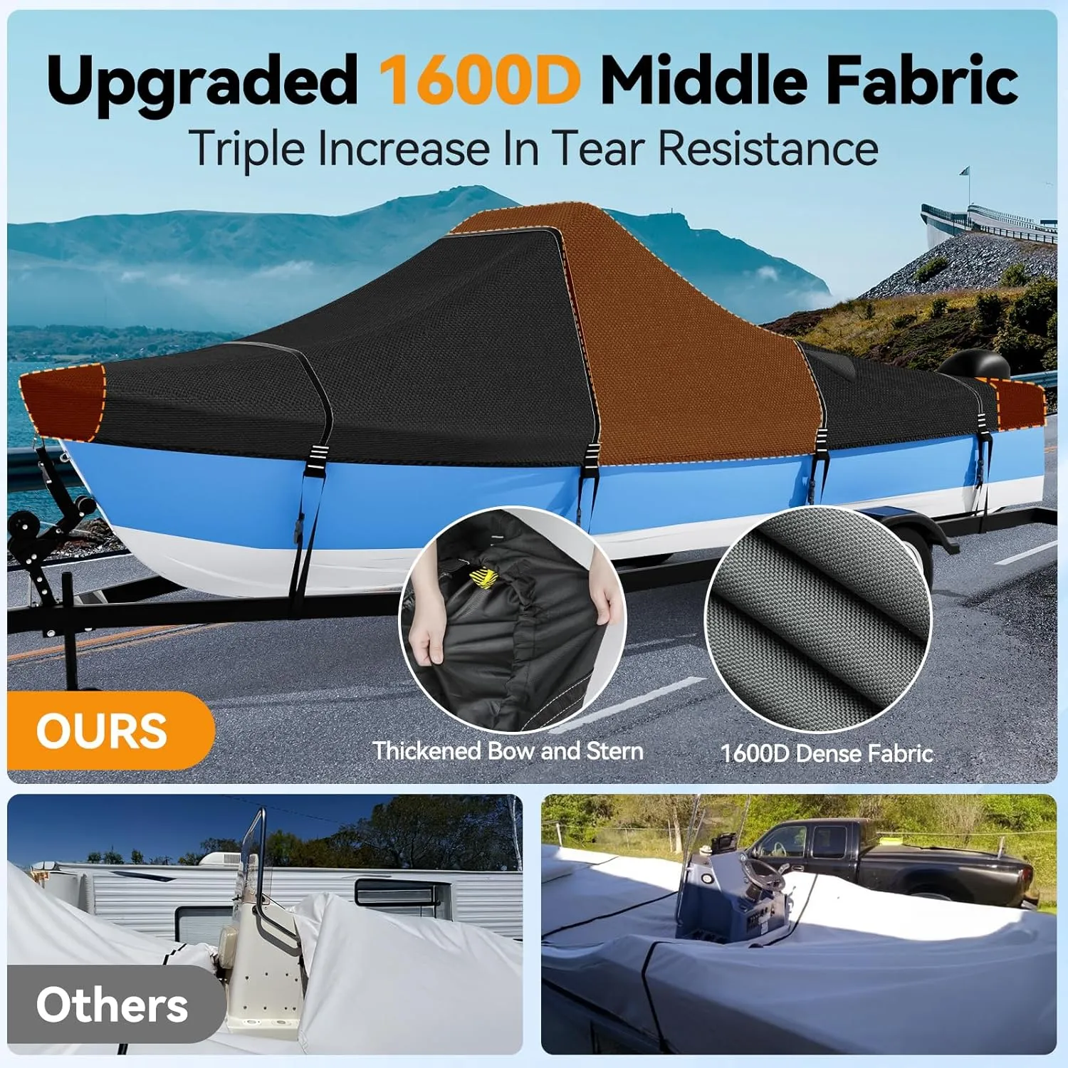 1600D 1200D Tearproof Center Console Boat Cover with 2" Wide Loops for Trailering and Mooring - Ultra Durable Waterproof Fits 20-22ft Center Console Boat, with Storage Bag