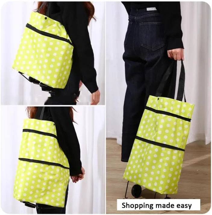 2-in-1 Foldable Oxford Cloth Shopping Bag with Wheels – Reusable Trolley Cart for Groceries, Travel, and Daily Use (Coffee Print, Large)