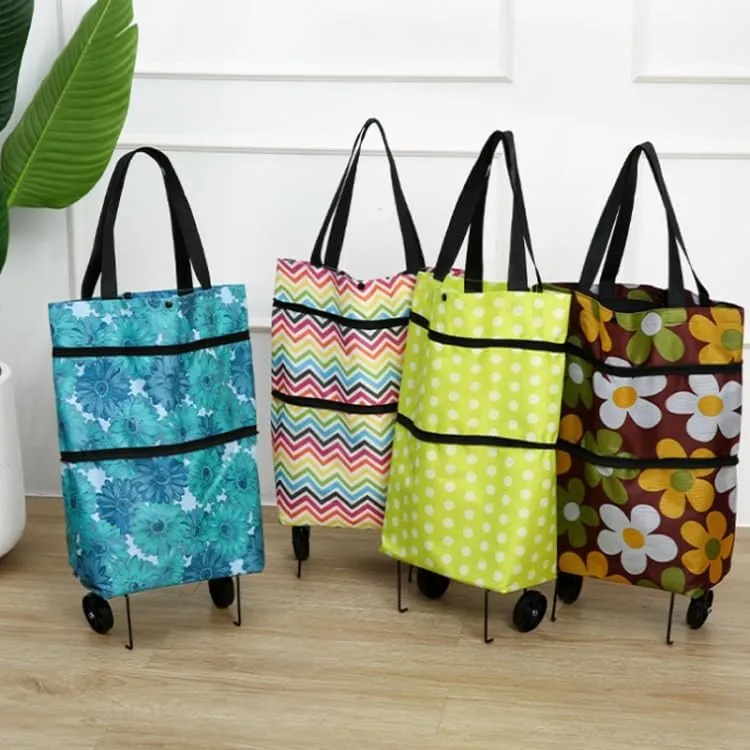 2-in-1 Foldable Oxford Cloth Shopping Bag with Wheels – Reusable Trolley Cart for Groceries, Travel, and Daily Use (Coffee Print, Large)