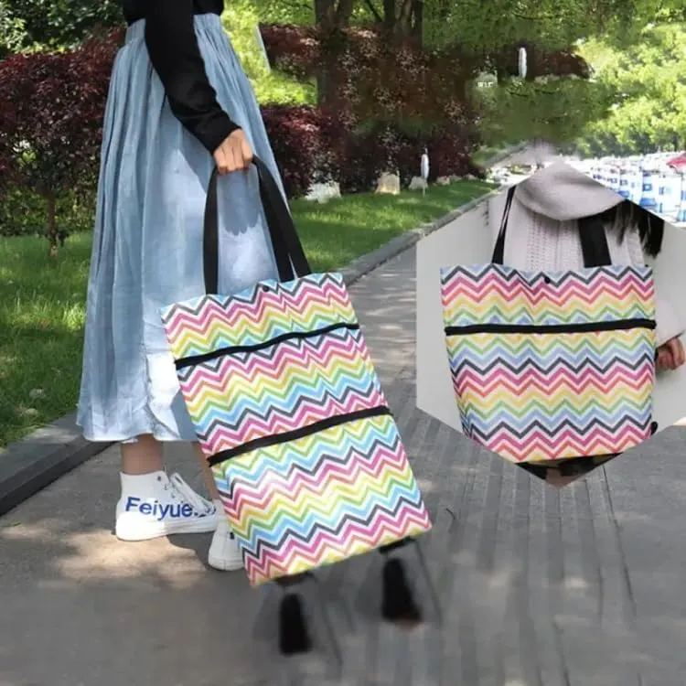 2-in-1 Foldable Oxford Cloth Shopping Bag with Wheels – Reusable Trolley Cart for Groceries, Travel, and Daily Use (Coffee Print, Large)