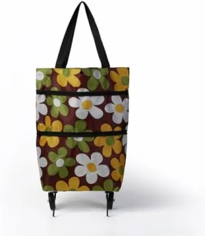 2-in-1 Foldable Oxford Cloth Shopping Bag with Wheels – Reusable Trolley Cart for Groceries, Travel, and Daily Use (Coffee Print, Large)