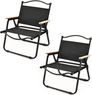 2 Pack Folding Camping Chair, Portable Outdoor Camp Chairs Steel Frame Beach Chair with Wooden Handle for Picnic Camping Hiking and Fishing Black