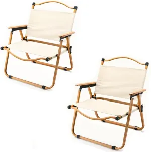 2 Pack Folding Camping Chair, Portable Outdoor Camp Chairs Steel Frame Beach Chair with Wooden Handle for Picnic Camping Hiking and Fishing Khaki