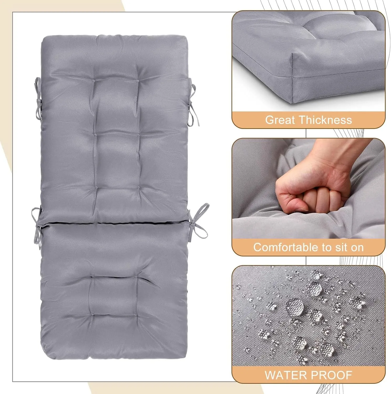 2 Set High Back Rocking Chair Cushions Large Anti Slip Chair Pads 43"x19"x3" Indoor Outdoor with Ties Waterproof Fade Resistant Lounger Chair Cushions for Rocker(Medium Gray)