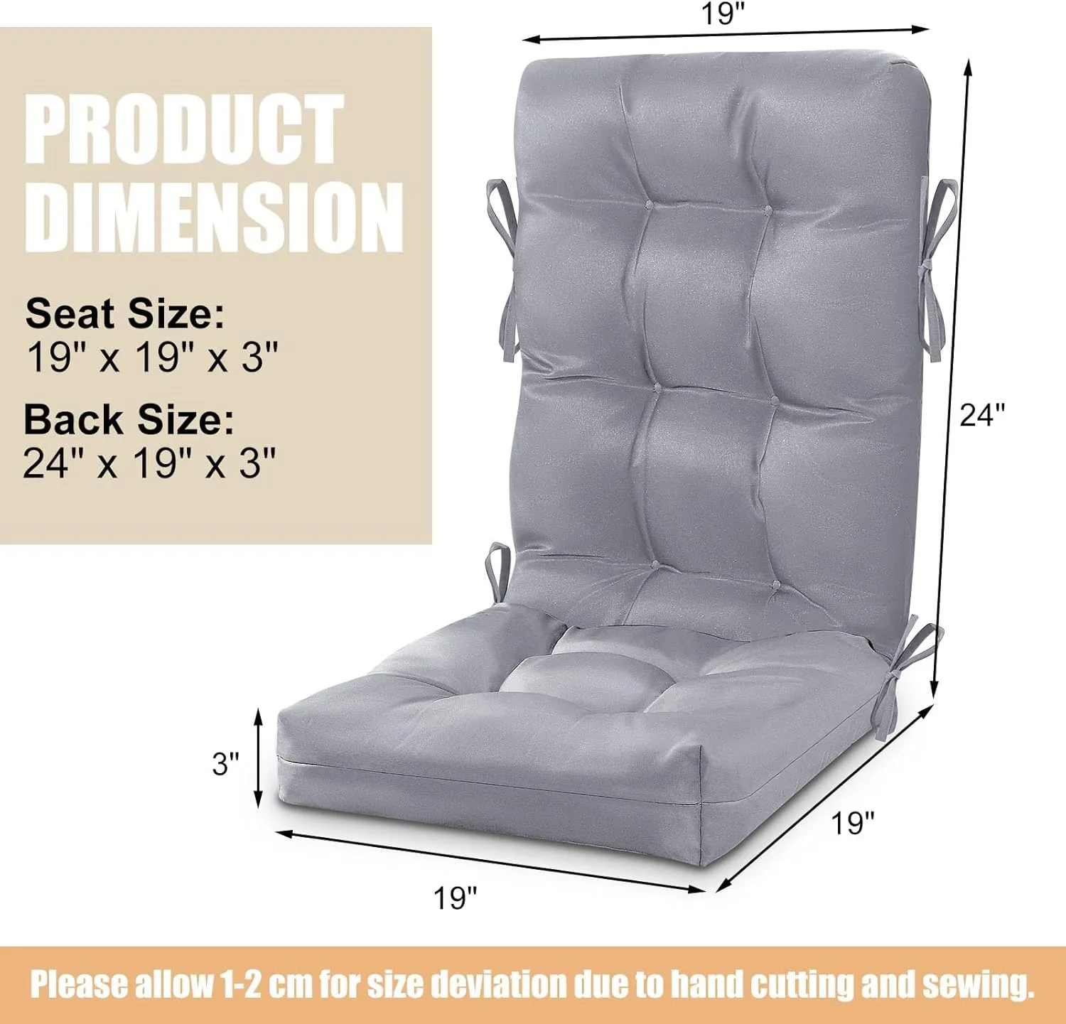 2 Set High Back Rocking Chair Cushions Large Anti Slip Chair Pads 43"x19"x3" Indoor Outdoor with Ties Waterproof Fade Resistant Lounger Chair Cushions for Rocker(Medium Gray)