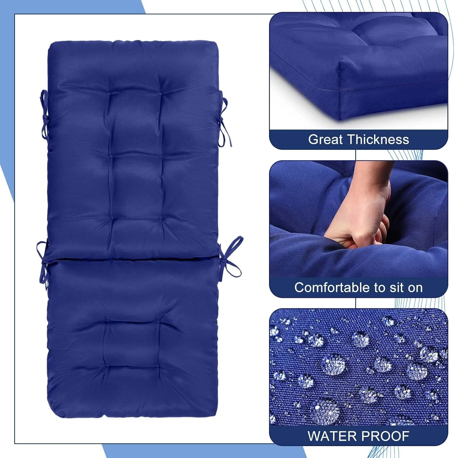 2 Set High Back Rocking Chair Cushions Large Anti Slip Chair Pads 43"x19"x3" Indoor Outdoor with Ties Waterproof Fade Resistant Lounger Chair Cushions for Rocker(Navy Blue)