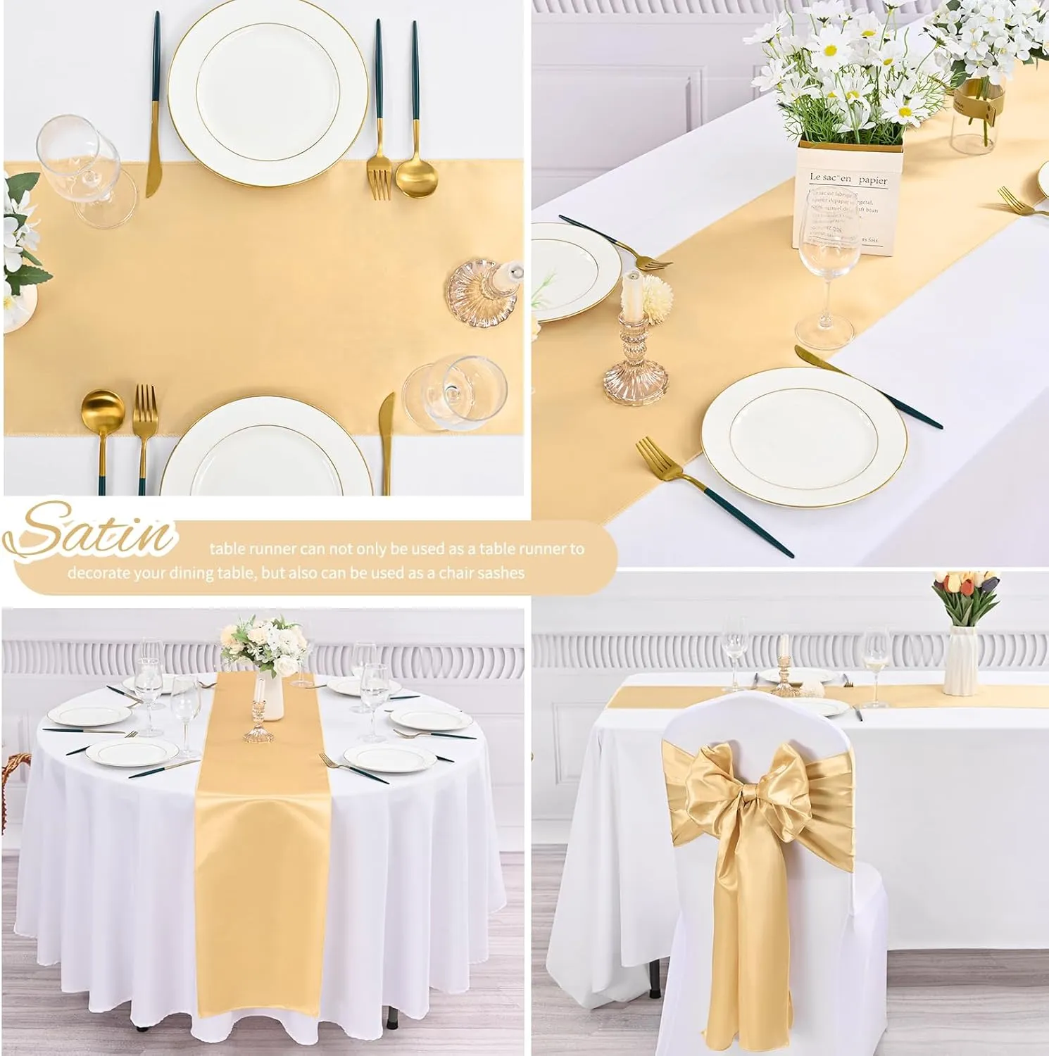 24 Pack Satin Table Runner,Bright Silk Table Runner for Wedding Smooth Fabric Table Runner Wedding Table Runner 12×72 Inch Long Table Runner for Party,Banquet,Events Decoration(24Pcs-Champagne)