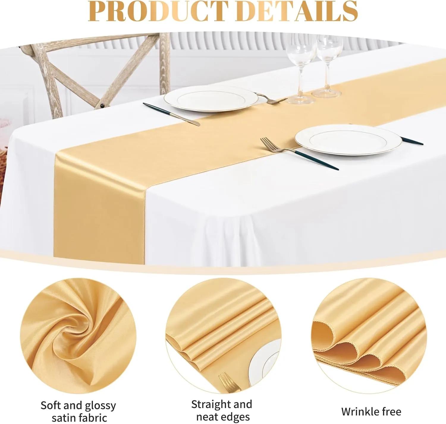 24 Pack Satin Table Runner,Bright Silk Table Runner for Wedding Smooth Fabric Table Runner Wedding Table Runner 12×72 Inch Long Table Runner for Party,Banquet,Events Decoration(24Pcs-Champagne)