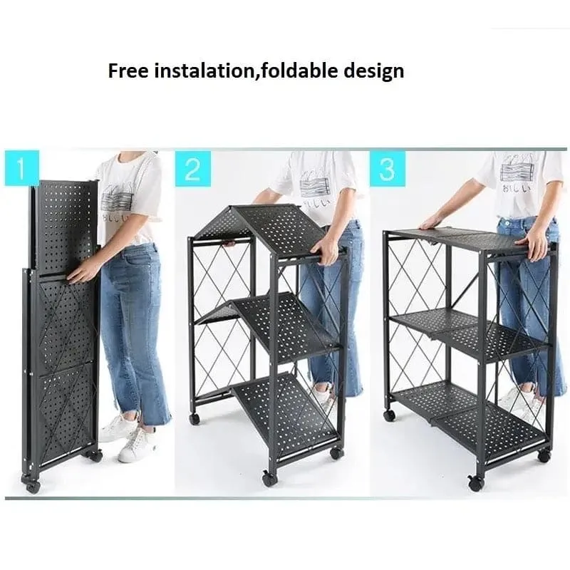 3 Layer Folding Kitchen Rack, Kitchen Metal Folding Shelves With Wheels, Household Sundries Finishing Balcony Floor Storage Rack, Multi Level Folding Shelves with Wheels, Multifunctional 3 Tier Storage Cart