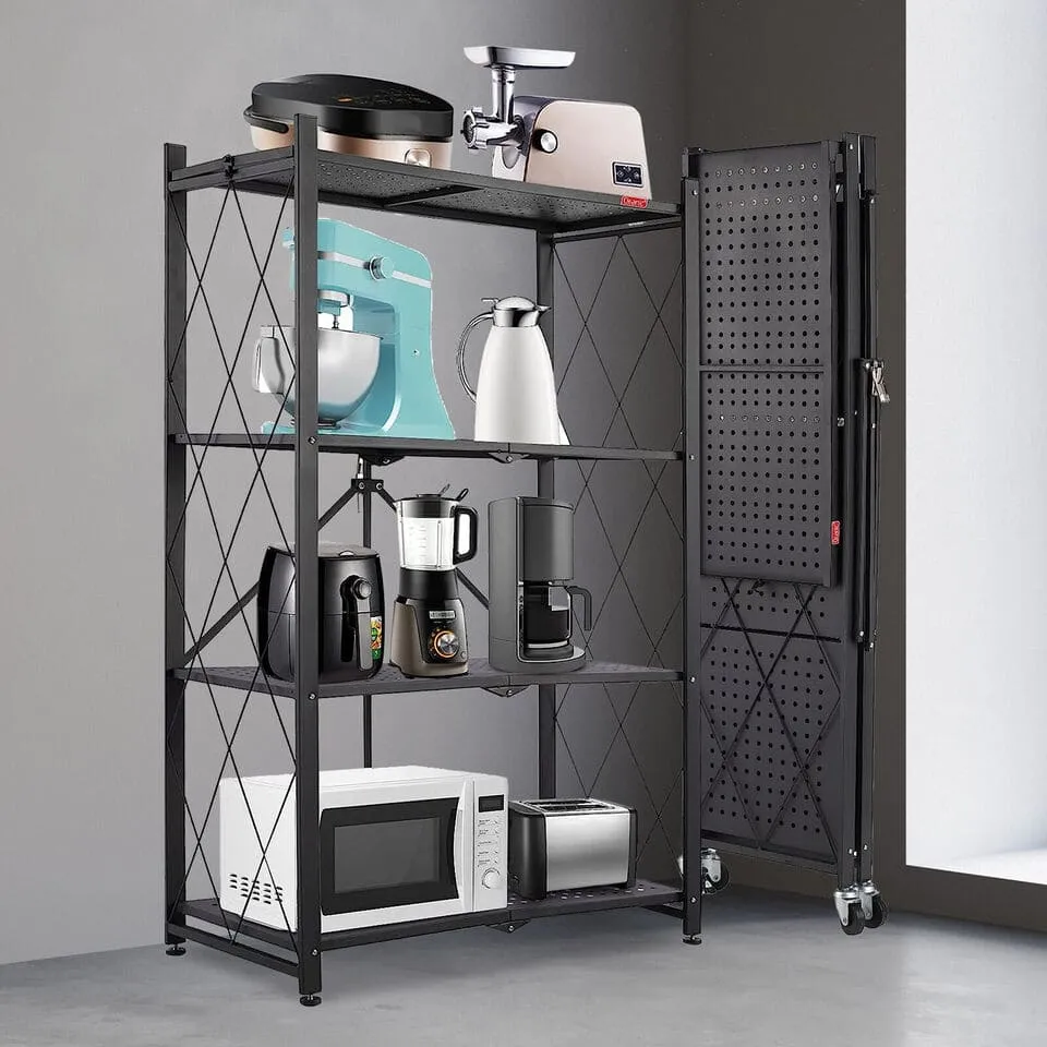 3 Layer Folding Kitchen Rack, Kitchen Metal Folding Shelves With Wheels, Household Sundries Finishing Balcony Floor Storage Rack, Multi Level Folding Shelves with Wheels, Multifunctional 3 Tier Storage Cart