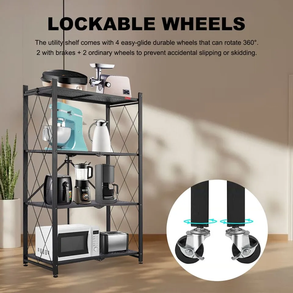 3 Layer Folding Kitchen Rack, Kitchen Metal Folding Shelves With Wheels, Household Sundries Finishing Balcony Floor Storage Rack, Multi Level Folding Shelves with Wheels, Multifunctional 3 Tier Storage Cart