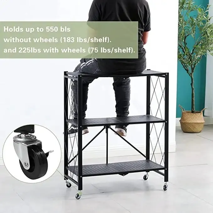 3 Layer Folding Kitchen Rack, Kitchen Metal Folding Shelves With Wheels, Household Sundries Finishing Balcony Floor Storage Rack, Multi Level Folding Shelves with Wheels, Multifunctional 3 Tier Storage Cart