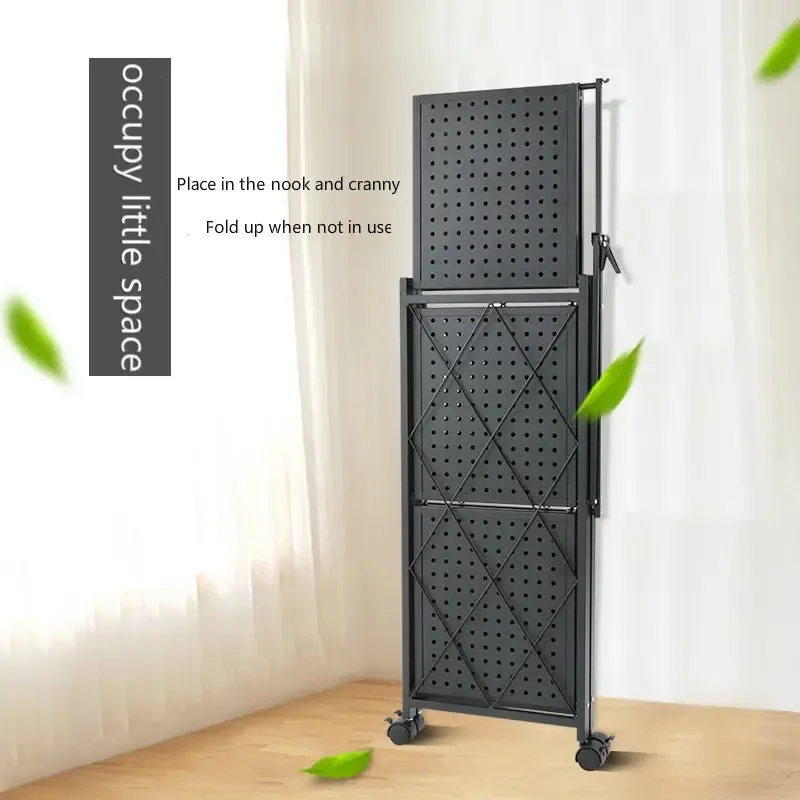 3 Layer Folding Kitchen Rack, Kitchen Metal Folding Shelves With Wheels, Household Sundries Finishing Balcony Floor Storage Rack, Multi Level Folding Shelves with Wheels, Multifunctional 3 Tier Storage Cart