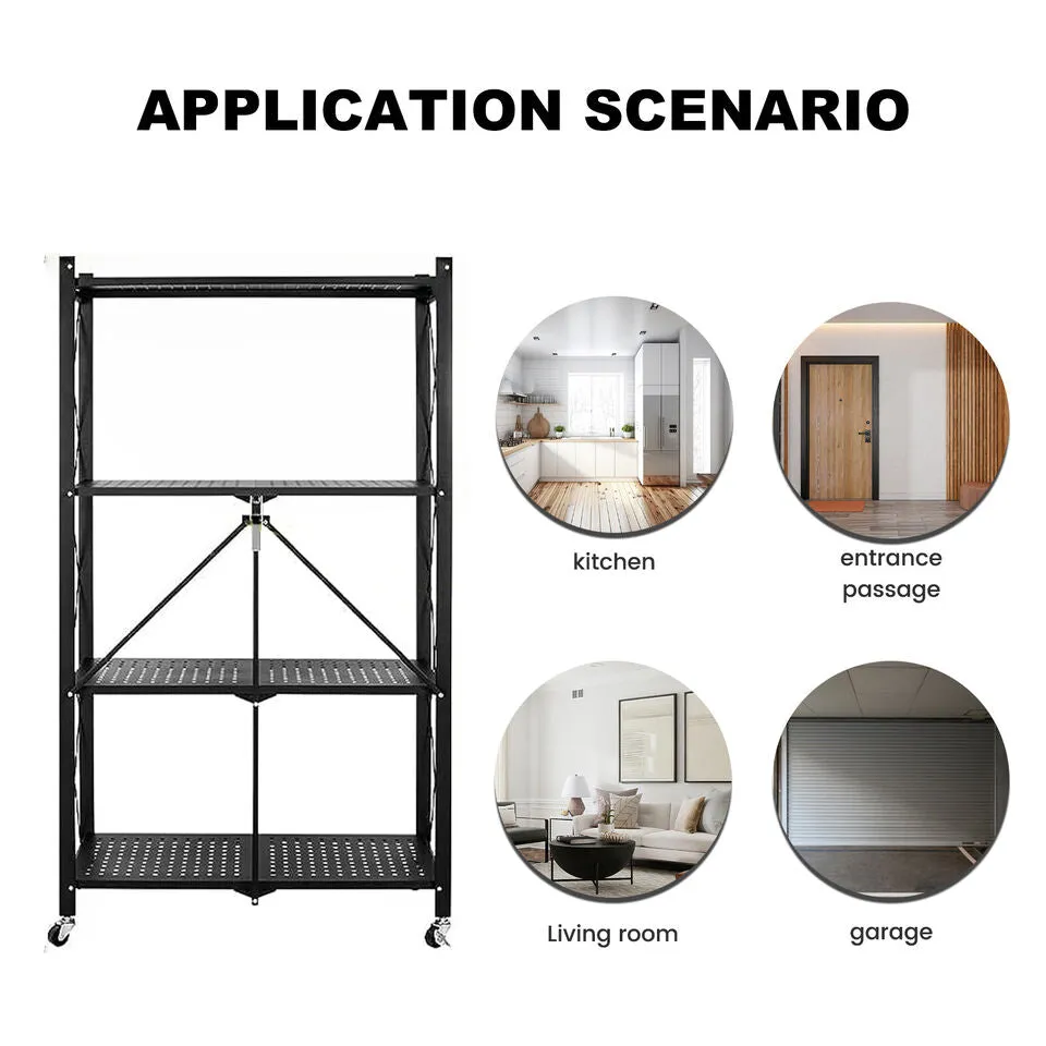 3 Layer Folding Kitchen Rack, Kitchen Metal Folding Shelves With Wheels, Household Sundries Finishing Balcony Floor Storage Rack, Multi Level Folding Shelves with Wheels, Multifunctional 3 Tier Storage Cart