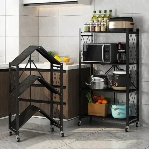 3 Layer Folding Kitchen Rack, Kitchen Metal Folding Shelves With Wheels, Household Sundries Finishing Balcony Floor Storage Rack, Multi Level Folding Shelves with Wheels, Multifunctional 3 Tier Storage Cart
