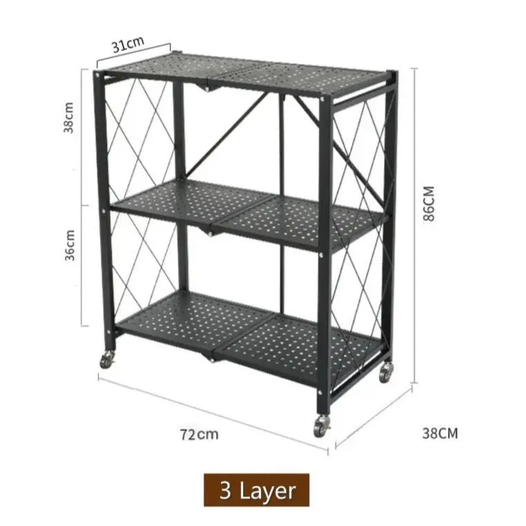 3 Layer Folding Kitchen Rack, Kitchen Metal Folding Shelves With Wheels, Household Sundries Finishing Balcony Floor Storage Rack, Multi Level Folding Shelves with Wheels, Multifunctional 3 Tier Storage Cart