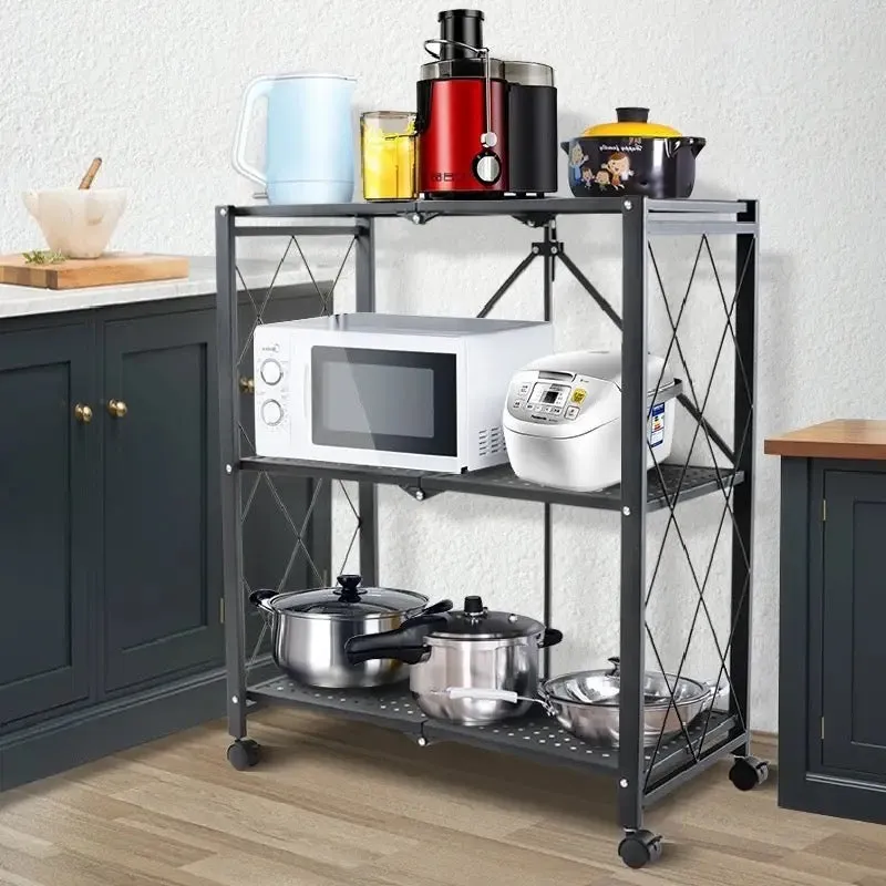 3 Layer Folding Kitchen Rack, Kitchen Metal Folding Shelves With Wheels, Household Sundries Finishing Balcony Floor Storage Rack, Multi Level Folding Shelves with Wheels, Multifunctional 3 Tier Storage Cart