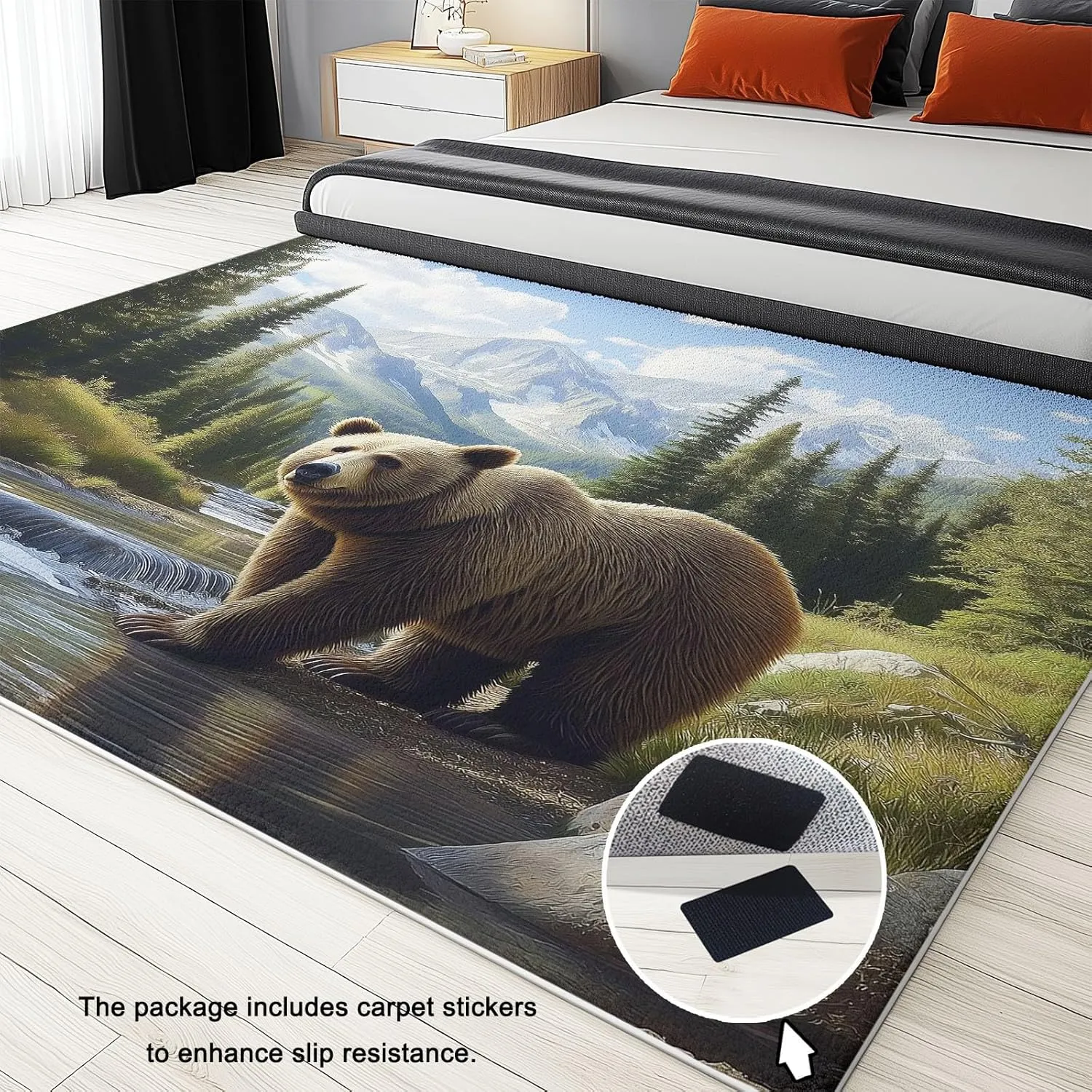 3 x 4 ft Washable Area Rug for Living Room Animals Bear Mountains Pine Trees Ultra Soft Low-Pile Floor Rugs with Non Slip Rubber Backing Teal, Indoor Floor Carpet for Dining Room Home Office Decor