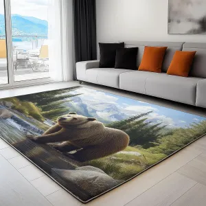 3 x 4 ft Washable Area Rug for Living Room Animals Bear Mountains Pine Trees Ultra Soft Low-Pile Floor Rugs with Non Slip Rubber Backing Teal, Indoor Floor Carpet for Dining Room Home Office Decor