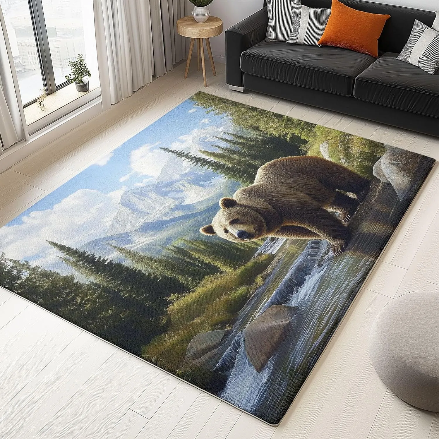 3 x 4 ft Washable Area Rug for Living Room Animals Bear Mountains Pine Trees Ultra Soft Low-Pile Floor Rugs with Non Slip Rubber Backing Teal, Indoor Floor Carpet for Dining Room Home Office Decor