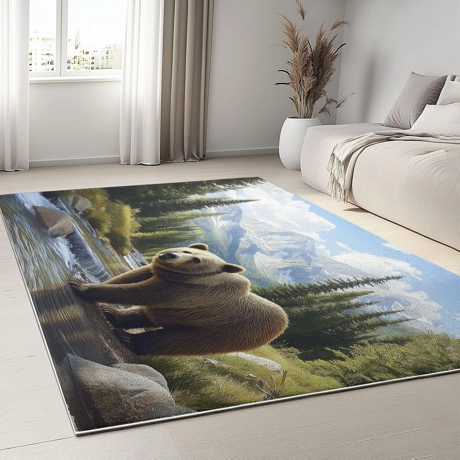 3 x 4 ft Washable Area Rug for Living Room Animals Bear Mountains Pine Trees Ultra Soft Low-Pile Floor Rugs with Non Slip Rubber Backing Teal, Indoor Floor Carpet for Dining Room Home Office Decor