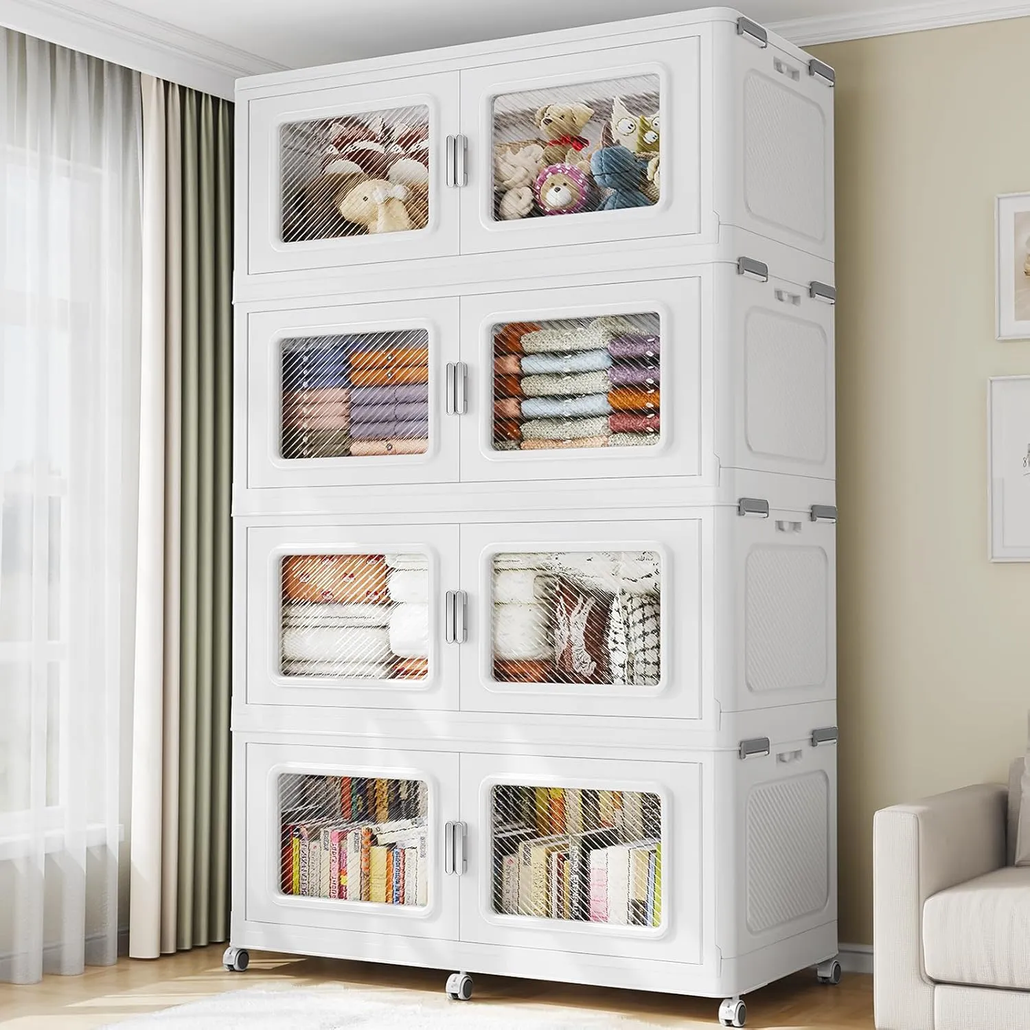 300Gal Extra Large Storage Bins with Lid, 1200Qt Plastic Stackable Storage Bins with Wheels, Collapsible Closet Organizer and Storage Drawers, Storage Cabinets for Home, Office, 4 Pack, White