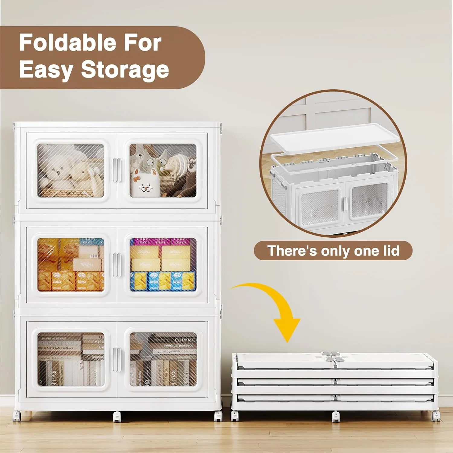 300Gal Extra Large Storage Bins with Lid, 1200Qt Plastic Stackable Storage Bins with Wheels, Collapsible Closet Organizer and Storage Drawers, Storage Cabinets for Home, Office, 4 Pack, White