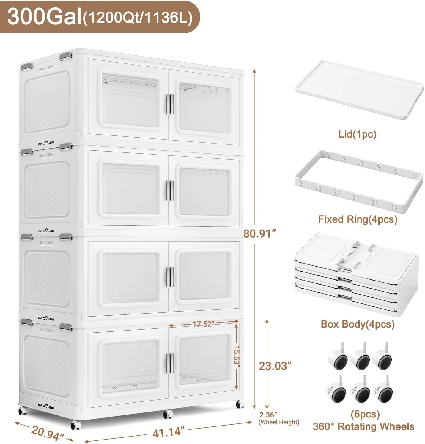 300Gal Extra Large Storage Bins with Lid, 1200Qt Plastic Stackable Storage Bins with Wheels, Collapsible Closet Organizer and Storage Drawers, Storage Cabinets for Home, Office, 4 Pack, White