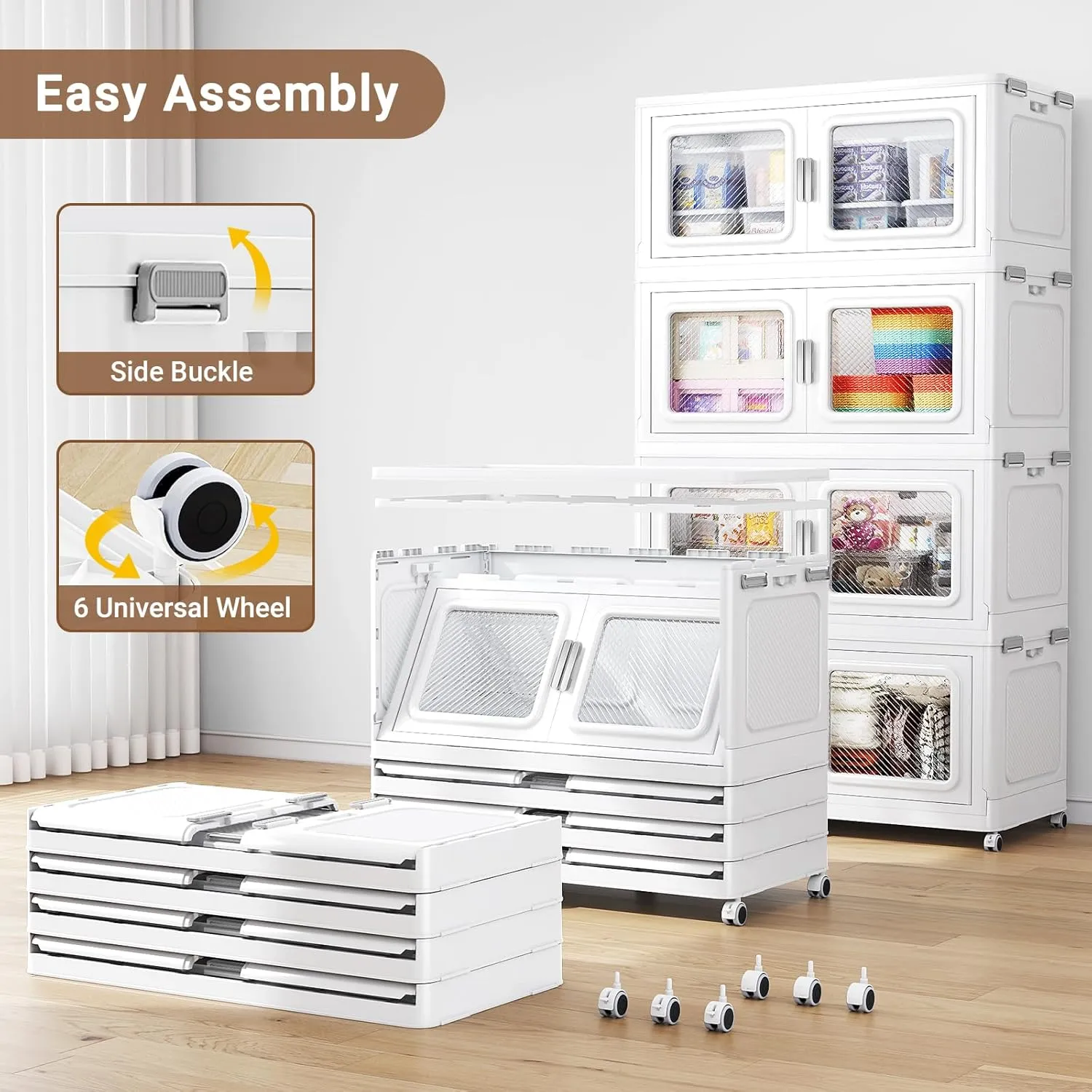 300Gal Extra Large Storage Bins with Lid, 1200Qt Plastic Stackable Storage Bins with Wheels, Collapsible Closet Organizer and Storage Drawers, Storage Cabinets for Home, Office, 4 Pack, White