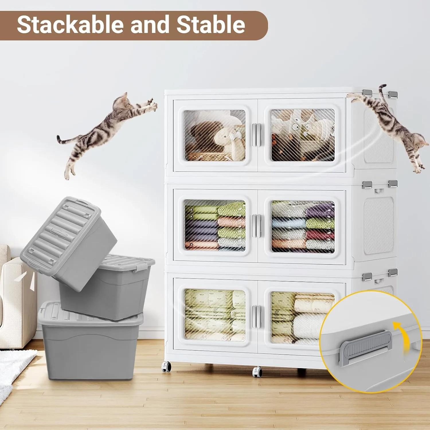 300Gal Extra Large Storage Bins with Lid, 1200Qt Plastic Stackable Storage Bins with Wheels, Collapsible Closet Organizer and Storage Drawers, Storage Cabinets for Home, Office, 4 Pack, White