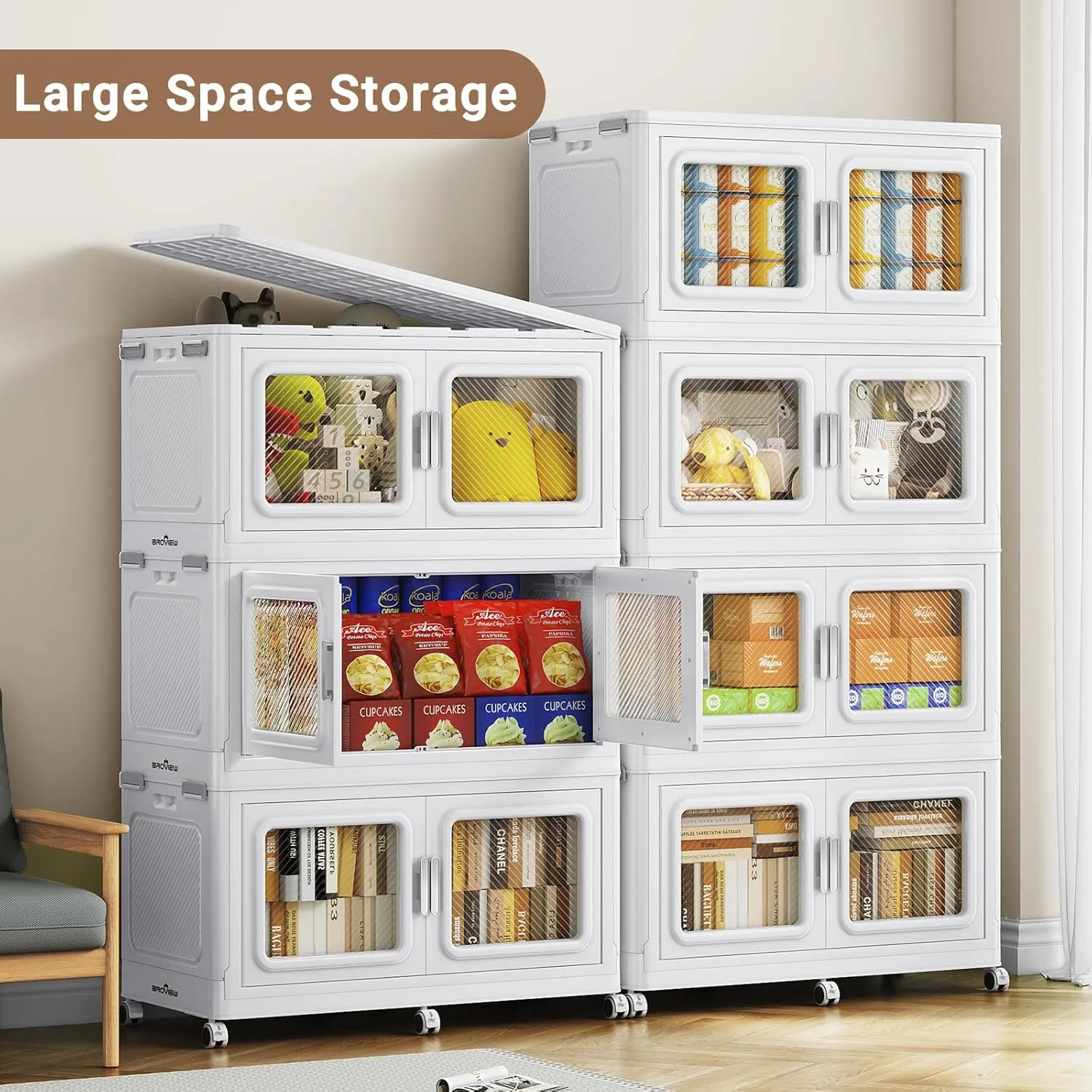 300Gal Extra Large Storage Bins with Lid, 1200Qt Plastic Stackable Storage Bins with Wheels, Collapsible Closet Organizer and Storage Drawers, Storage Cabinets for Home, Office, 4 Pack, White