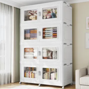 300Gal Extra Large Storage Bins with Lid, 1200Qt Plastic Stackable Storage Bins with Wheels, Collapsible Closet Organizer and Storage Drawers, Storage Cabinets for Home, Office, 4 Pack, White