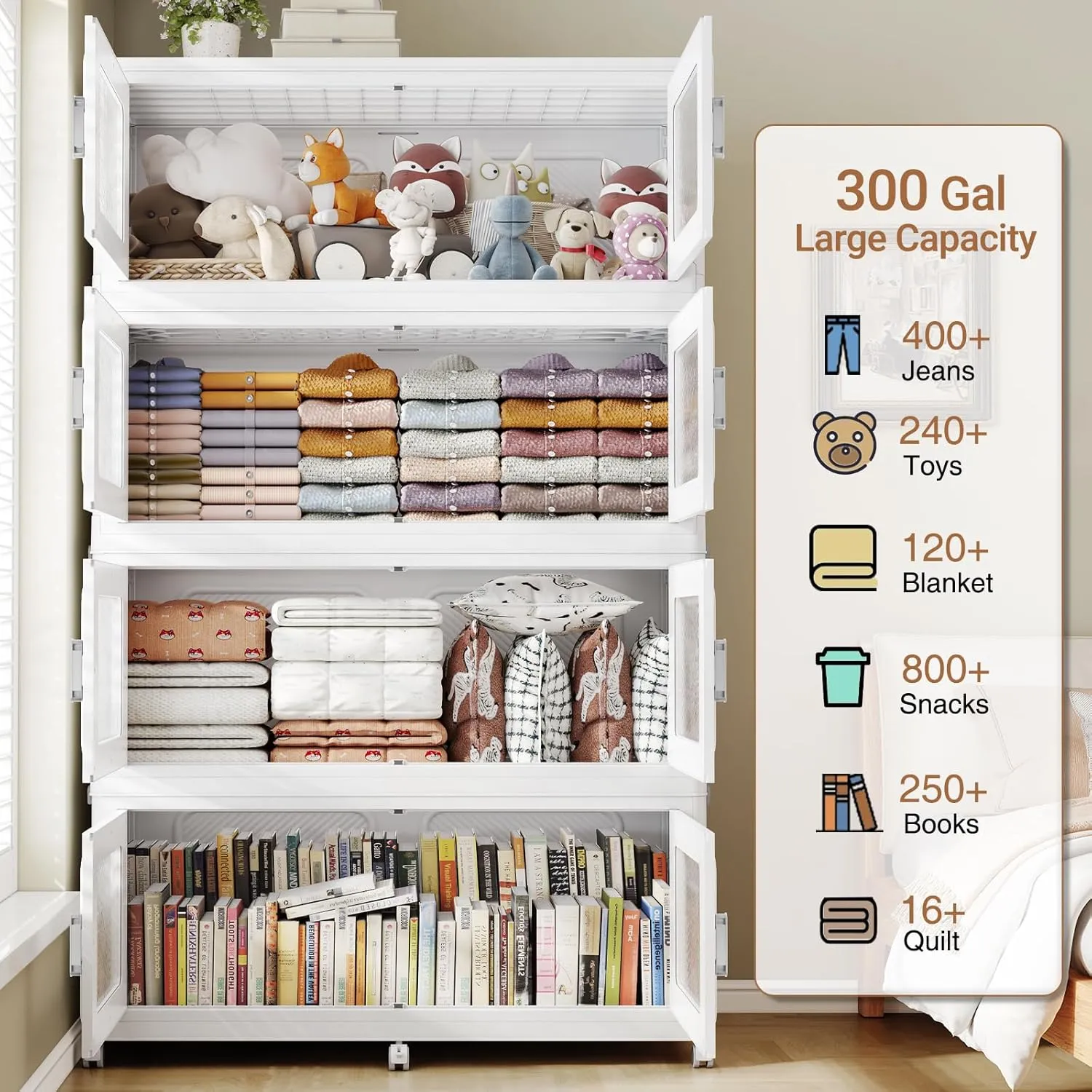 300Gal Extra Large Storage Bins with Lid, 1200Qt Plastic Stackable Storage Bins with Wheels, Collapsible Closet Organizer and Storage Drawers, Storage Cabinets for Home, Office, 4 Pack, White