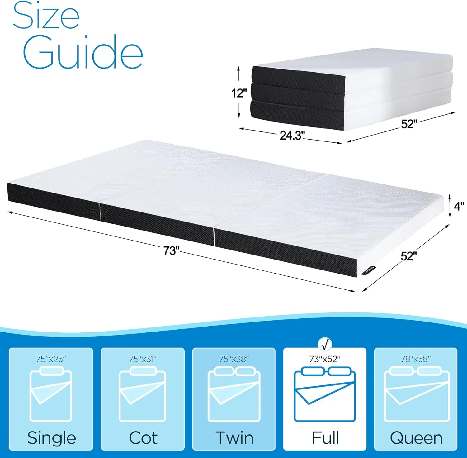 4-inch Full Size Memory Foam Trifold Mattress with Washable Fabric Cover, Foldable Floor Mattress for Camping & Guest Beds, 73x52x4 inches