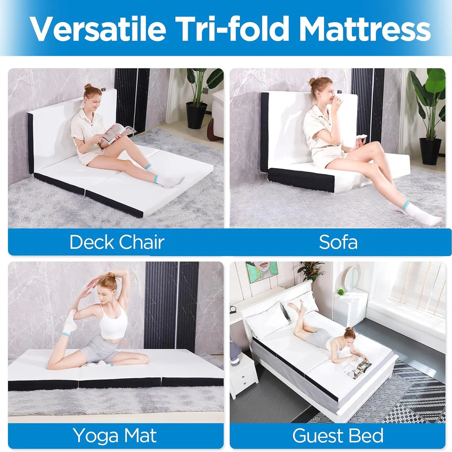4-inch Full Size Memory Foam Trifold Mattress with Washable Fabric Cover, Foldable Floor Mattress for Camping & Guest Beds, 73x52x4 inches